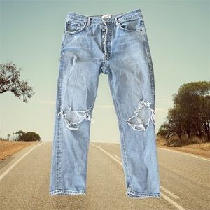 Agolde Women's Distressed Light Blue Straight Jeans